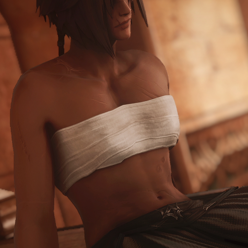 A heavily scarred masc Midlander Hyur with bandages wrapped around her chest sitting on a bed halfway through removing her armour after a long day.